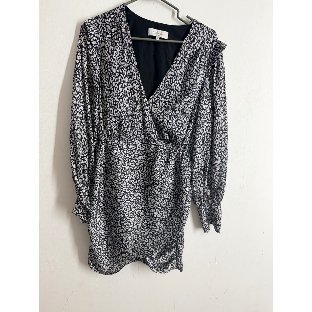 L'Academie Leopard Print Mini Dress Long Sleeve Wrap V-Neck Black White Small